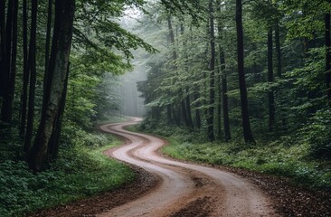 Obraz premium Winding Road Through Verdant Forest: A captivating scene of a winding, earthen road disappearing into a dense, green forest. This photo evokes a sense of mystery and adventure.