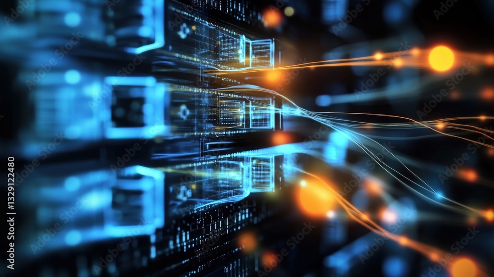 Poster dynamic digital data flow virtual environment abstract animation high-tech aesthetics futuristic con