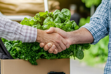 Two individuals engage in a friendly handshake, sealing a deal for fresh vegetables at a bustling farmer's market under the bright sun, surrounded by lush greenery