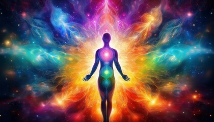 A dynamic explosion of chakra colors, as if the universe is channeling divine energy, radiating power, balance, and cosmic flow