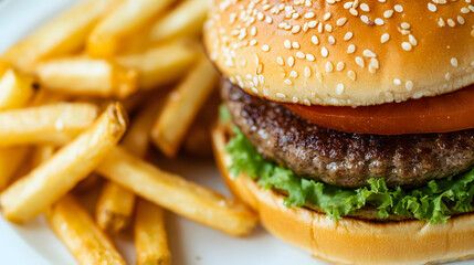 Beef burger stacked with cheese, bacon, and fresh vegetables, captured in a restaurant setting, showcasing a delicious meal composition.