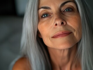 Close-up image of an older woman with gray hair and a contemplative expression.