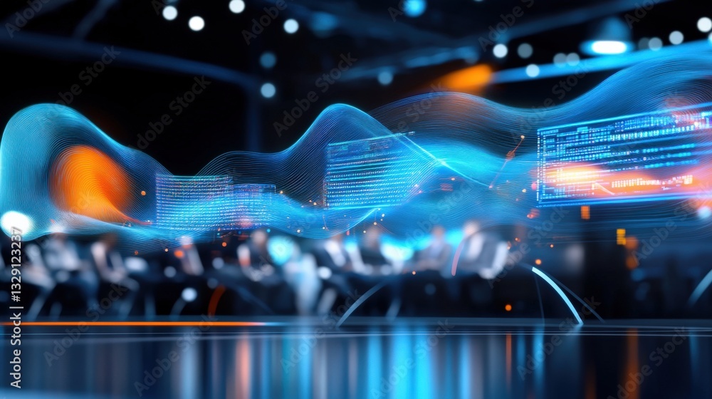 Poster dynamic data visualization digital workspace infographic high-tech environment close-up view digital