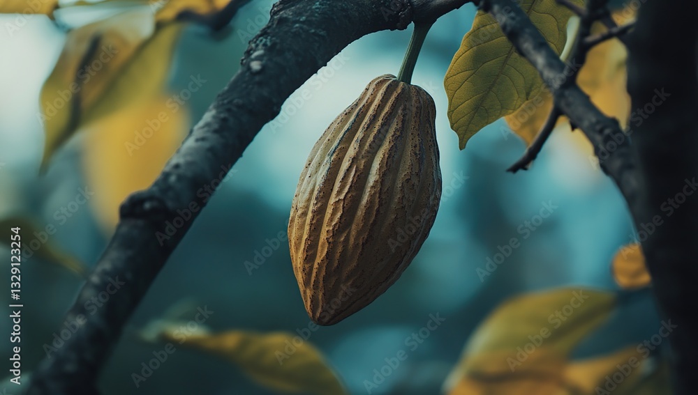 Poster cocoa pod grows on tree branch with yellow leaves in nature