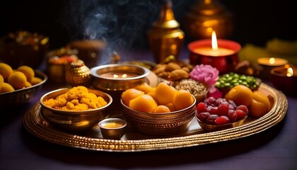 A Diwali feast on a traditional brass platter, featuring vibrant fruits, sweets, and incense, evoking warmth, celebration, and tradition.
