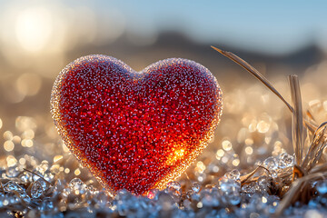 Fototapeta premium Sparkling red heart rests in dewy grass catching the sunlight in a shimmering romantic outdoor scene.