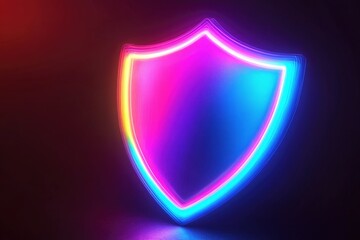 Fototapeta premium A glowing neon shield symbolizing protection and safety, with vivid colors in a dark room. Abstract digital design.
