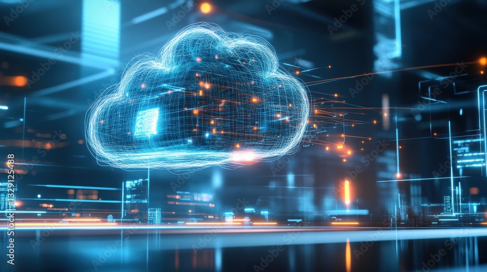 Poster cloud computing innovation digital environment graphic visualization futuristic cityscape abstract p