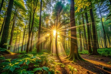 Obraz premium Golden light pierces a shadowy forest, creating ethereal sunbeams in low-light photography.