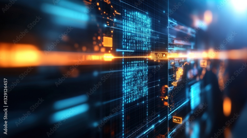 Poster dynamic data visualization digital space graphic interface futuristic environment close-up view tech