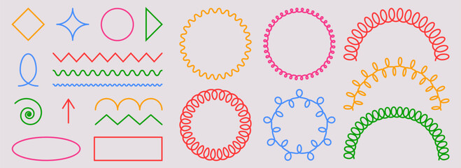 Spring coil shapes, spirals, wavy lines - colorful set of decorative geometric doodle elements. Zigzags, loops, curls and twirls for playful borders or frames. Vibrant hand drawn creative accents.