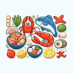 seafood, fish, restaurant, food, vector, illustration, menu, vintage, sketch, dinner, sea, fresh, design, ocean, shrimp, retro, ink, drawing, meal, background, lunch, graphic, market, gourmet, marine,
