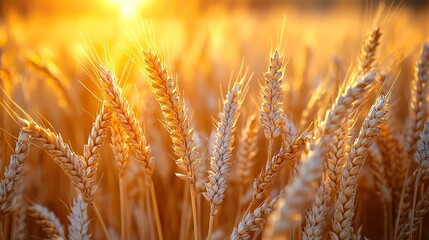 Obraz premium Golden wheat ears, basking in summer's warm glow, create a tranquil, picturesque rural landscape in a sunlit field.