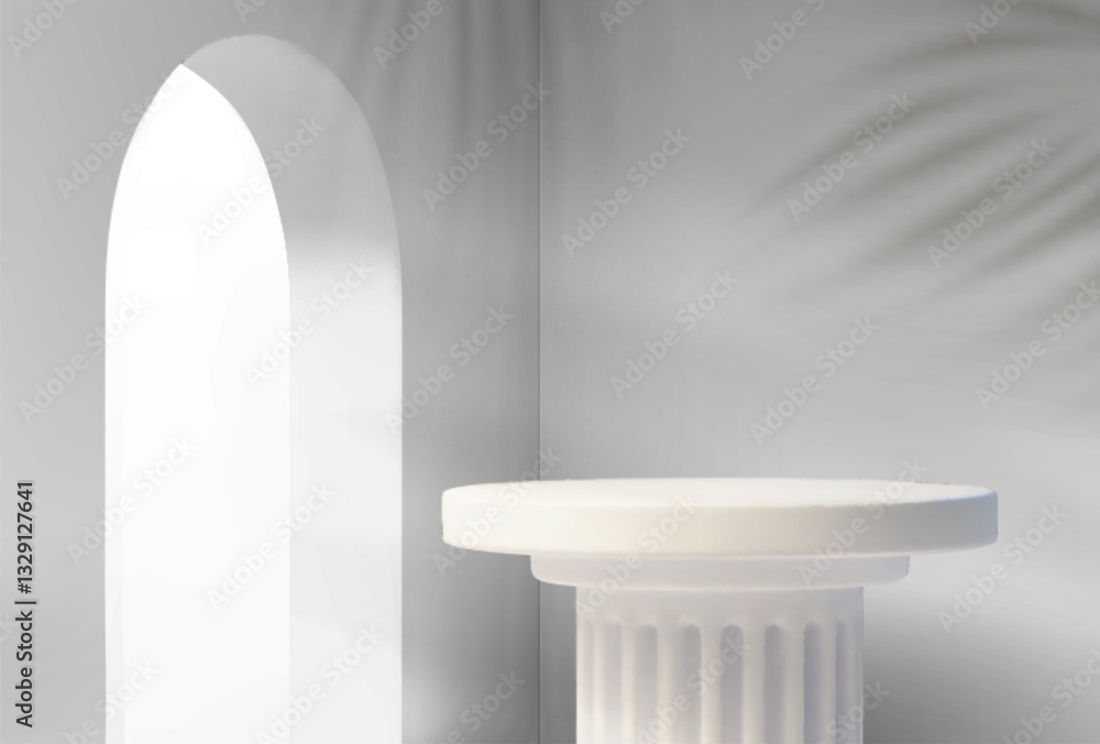 Poster white stone arch with fluted column pedestal podium set on light gray background with soft shadows. 