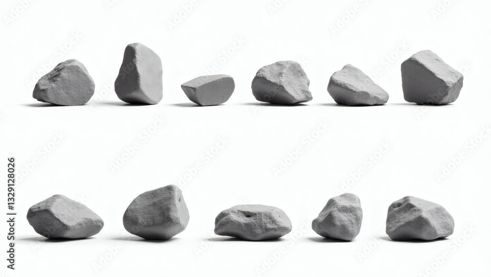 Poster a collection of various stones artfully arranged in two rows, highlighting their unique shapes and textures