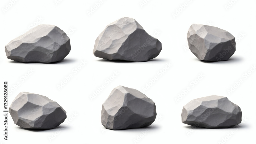 Poster six gray rocks, arranged in two rows, each with a unique shape and texture, demonstrating the natural variations found in stone. The images are clean and well-lit. 