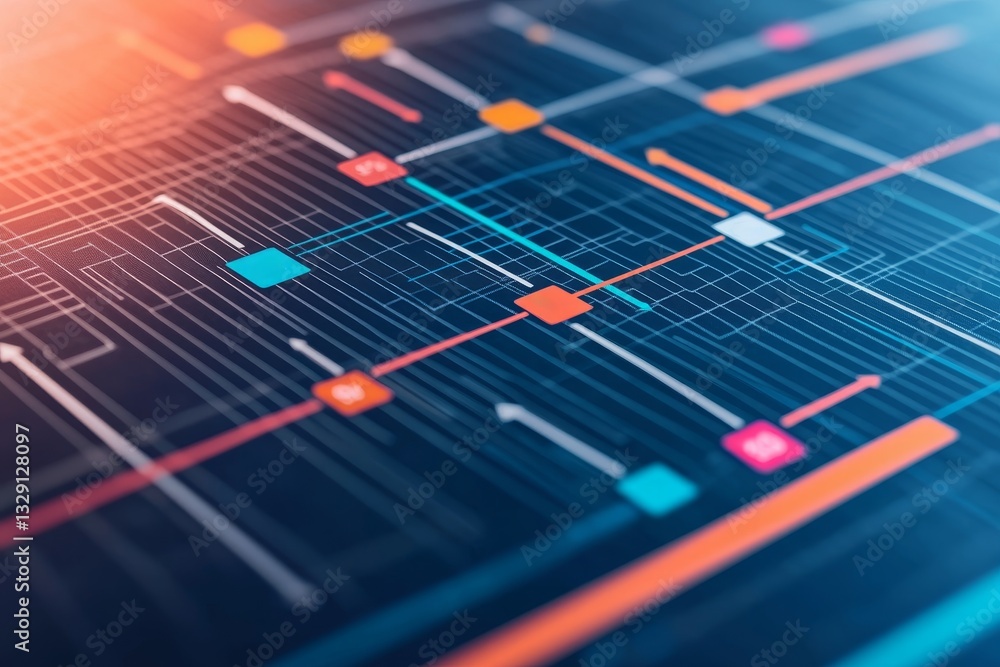Poster project management execution concept. abstract digital circuit pattern with vibrant colors and geome