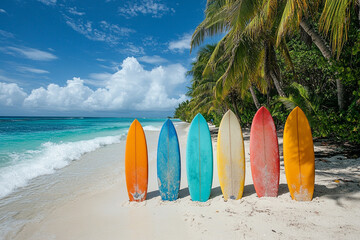 Colorful surfboards lining a tropical beach shoreline