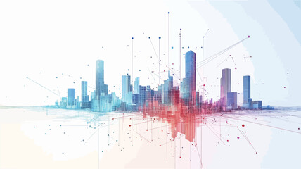 The image is an abstract illustration of a cityscape rendered in shades of blue, red, and white.  The buildings are stylized and lack precise detail, appearing as simplified geometric forms.  The