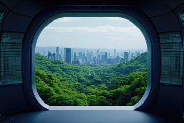 Futuristic window frames lush landscape blending nature and urba