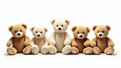 a row of five adorable teddy bears of various colors sitting together in a playful and cuddly arrangement