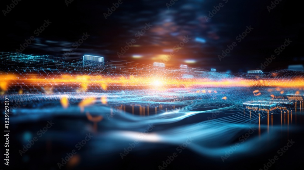 Poster dynamic digital landscape visualization of futuristic technology concepts in an abstract environment