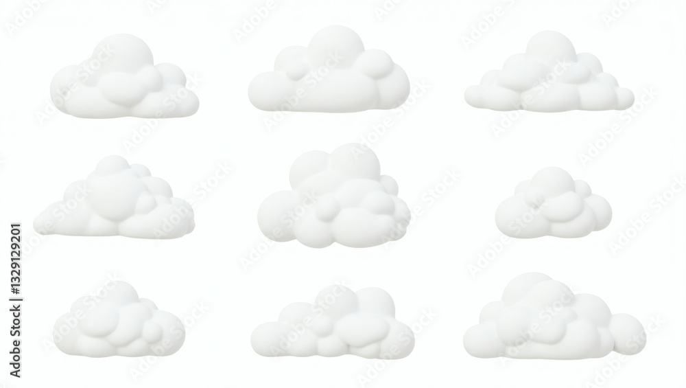 Poster Nine fluffy, white clouds isolated against a clear background, each with a unique shape and texture, creating a sense of serenity.