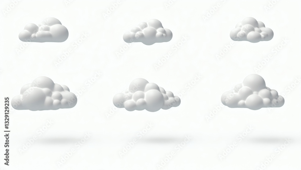 Poster six fluffy white clouds floating against a simple backdrop, creating a soft and whimsical atmosphere