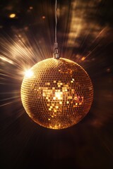 Obraz premium The golden disco ball is hanging and reflects the light. It's a popular decoration for dance floors due to its shiny surface that sparkles with reflected light.