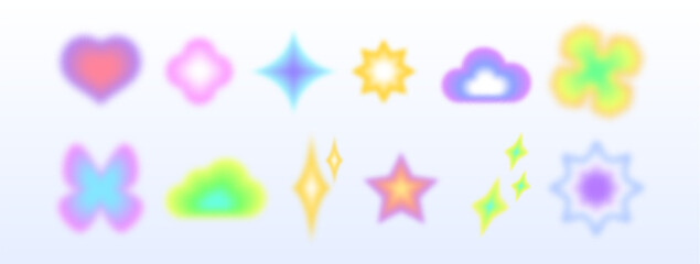 Blurred abstract shapes set isolated on white background. Vector illustration of soft gradient star, flower, heart, butterfly with aura color effect, glowing watercolor stickers, retro poster elements