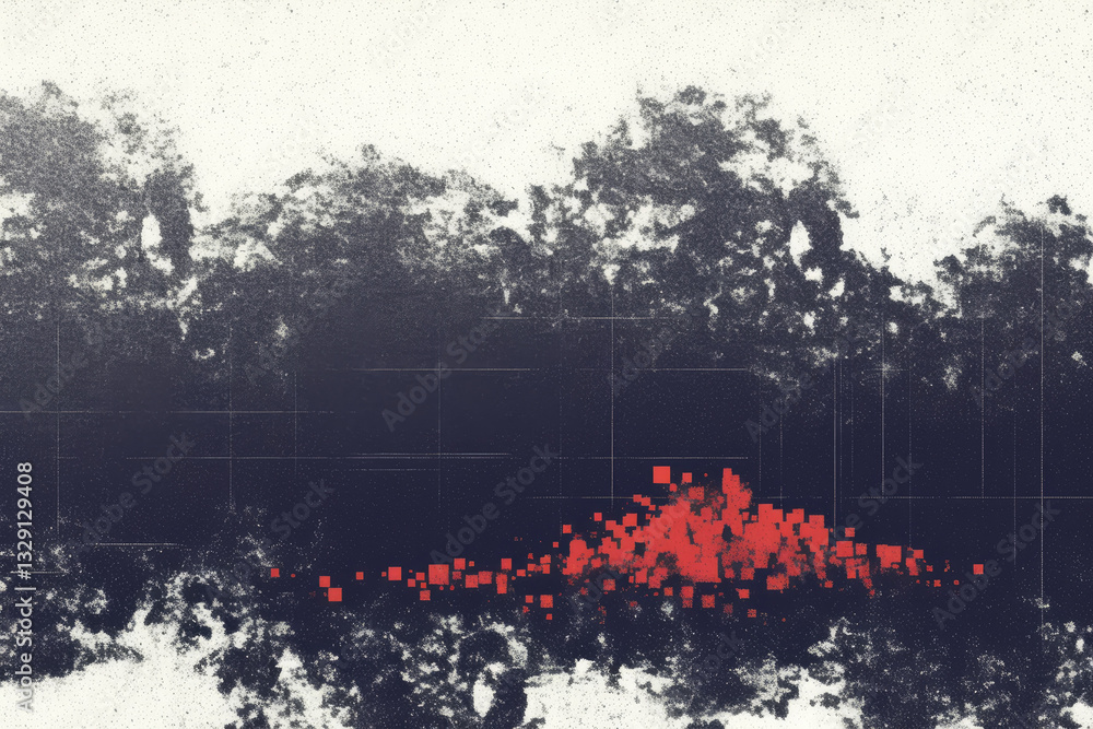 Poster abstract digital artwork featuring chaotic arrangement of black and red squares on textured backgrou