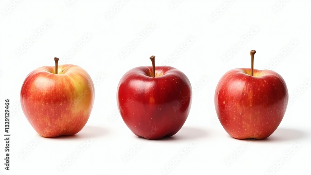 Poster three ripe apples are displayed in a row, each exhibiting vibrant colors and textures. the close-up 