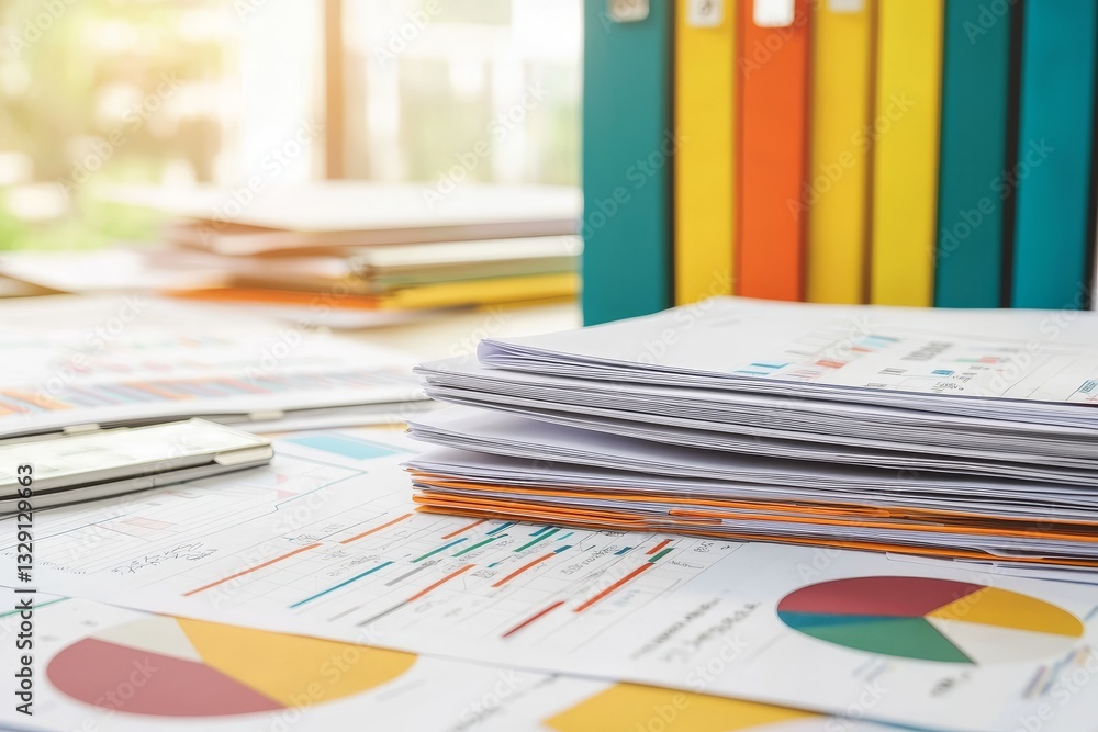 Poster project management coordination concept. office workspace cluttered with colorful files, charts, and