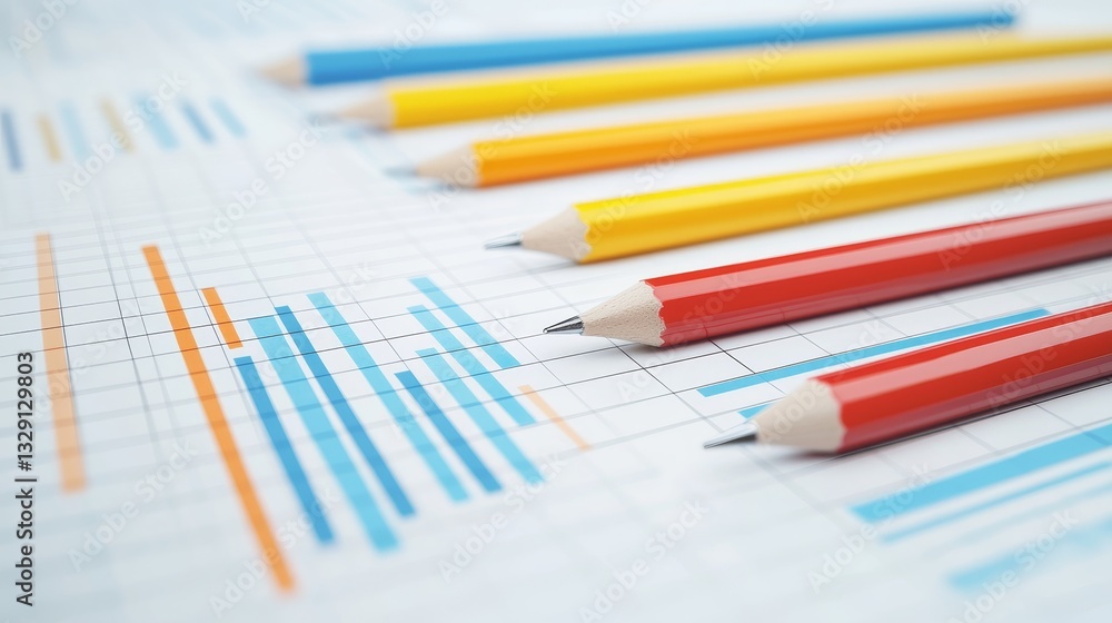 Aufkleber project management coordination concept. colorful pencils arranged over a printed graph on a table f