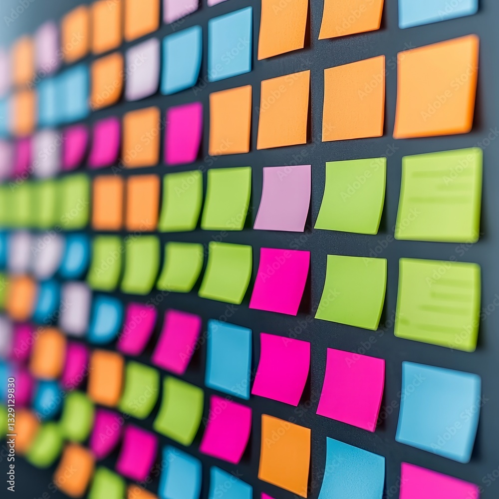 Poster project management coordination concept. colorful sticky notes arranged on a black board in various 