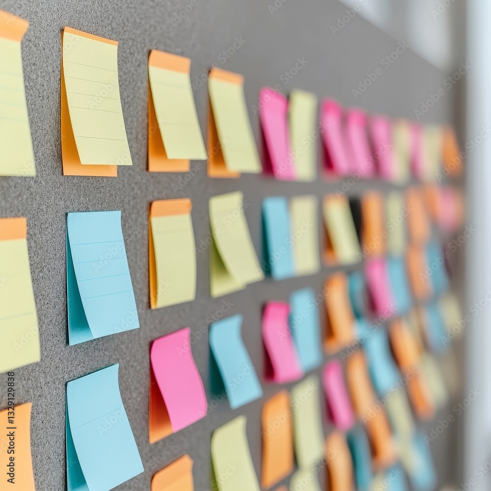 Poster project management coordination concept. colorful sticky notes arranged on a gray board for organiza