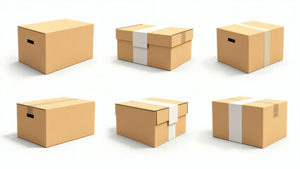 Fototapeta premium set of six cardboard boxes, variety of sizes, with and without handles and tape, on a bright background. The boxes appear new, unused and ready for packaging or storage.