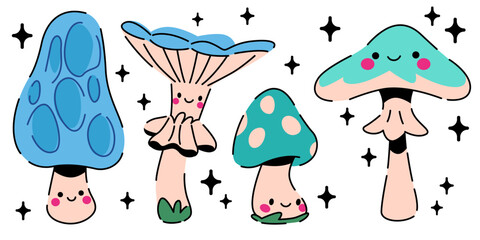 Cute kawaii mushroom characters set with smiling faces. Cartoon fantasy forest fungi surrounded by sparkle stars on white background. Whimsical botanical cartoon designs for children illustrations.