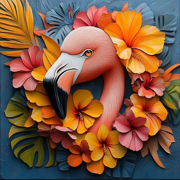 Vibrant Flamingo with Tropical Flowers in a Psychedelic Dream