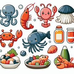 seafood, fish, restaurant, food, vector, illustration, menu, vintage, sketch, dinner, sea, fresh, design, ocean, shrimp, retro, ink, drawing, meal, background, lunch, graphic, market, gourmet, marine,