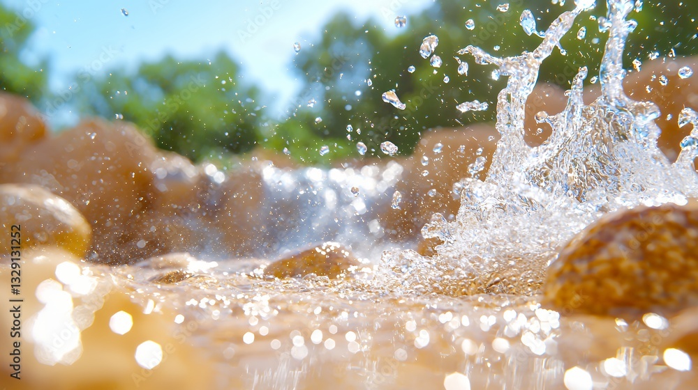 Poster water splashing over rocks in stream with trees in background