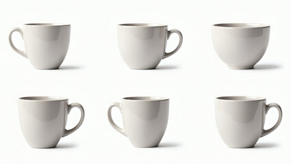 six white cups arranged neatly. Different perspectives of a simple, elegant mug