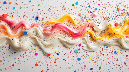 A dazzling tableau of multicolored sprinkles—pink, orange, yellow, blue—dancing across a pristine white canvas, crafting a vibrant masterpiece