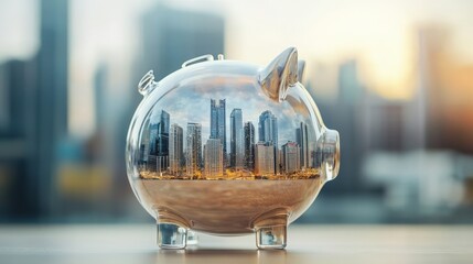Financial Inclusion savings concept. Piggy bank reflecting city skyline at sunset.