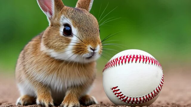 Small rabbit is standing in front of a baseball and a baseball bat. The rabbit is curious about the ball and the bat