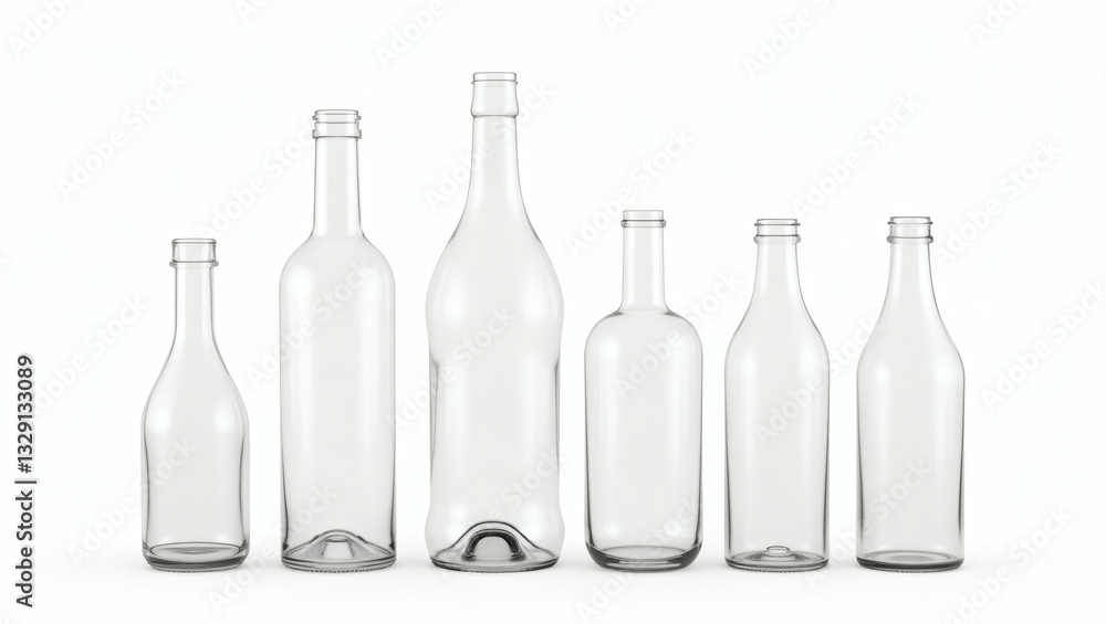 Poster a collection of six glass bottles with various shapes and sizes, lined up and showcased