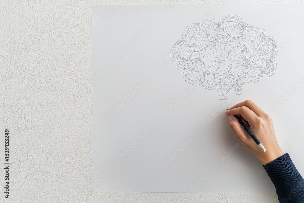 Poster startup brainstorming session concept. person sketching a brain illustration on a blank paper surfac