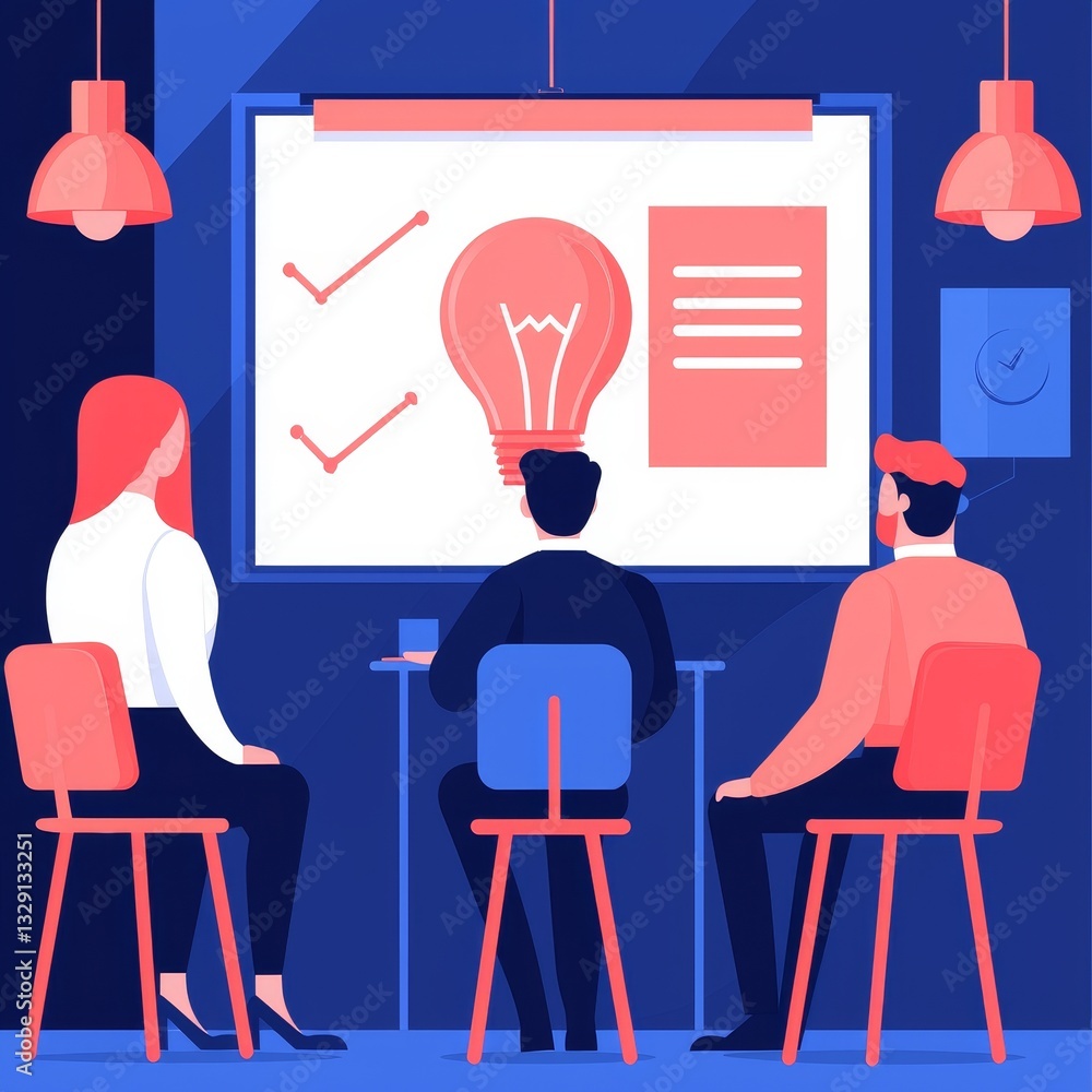 Poster startup brainstorming session concept. three people in a meeting discussing ideas with a light bulb 