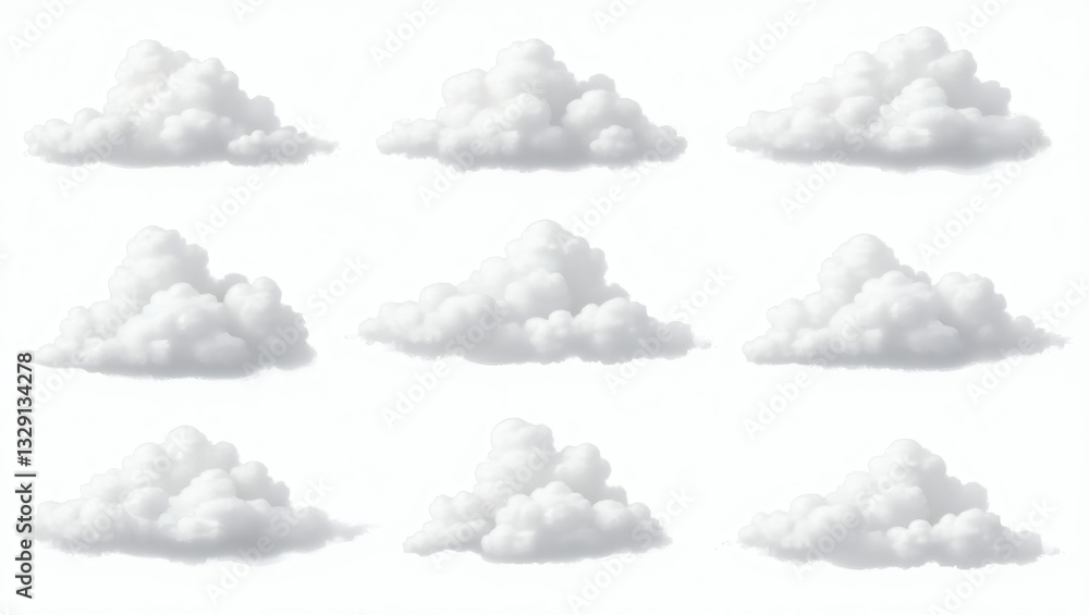 Poster set of puffy clouds on the sky with the natural weather phenomenon. The clouds are scattered across a light sky, creating a sense of calmness and serenity