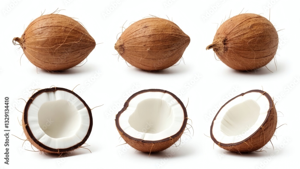 Poster coconuts in different views, some are whole and others are cut open